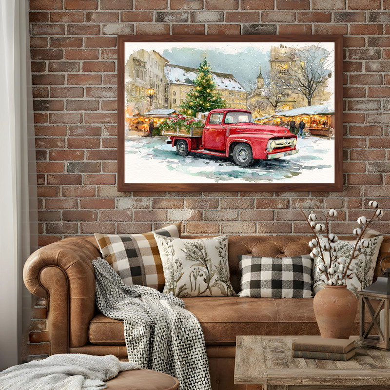 Cozy farmhouse porch canvas wall art featuring vintage red truck and lantern, festive holiday accent for entryway