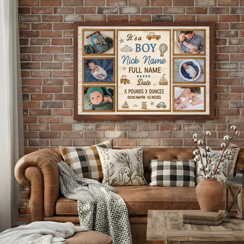 Baby boy photo collage canvas, custom with newborn name and stats in rustic wood tones, ideal baby shower gift for nursery