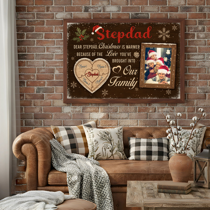 Christmas puzzle photo canvas in landscape layout, personalized with kids' names and photo, rustic farmhouse gift for stepdad