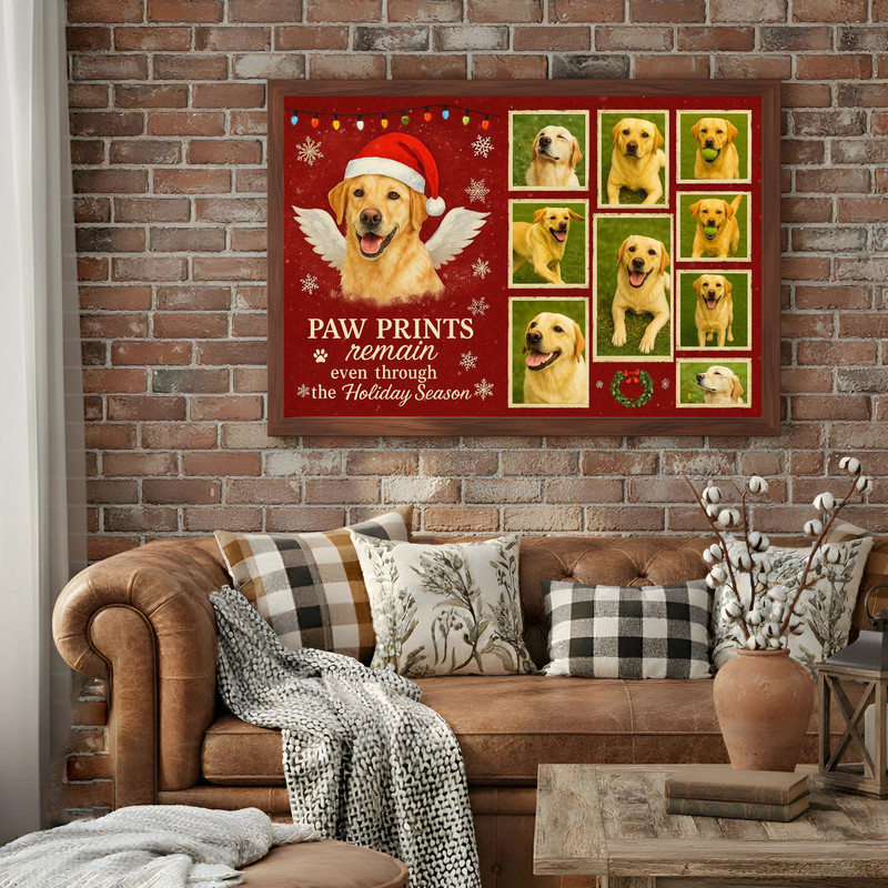 Christmas dog memorial canvas wall art featuring a custom photo collage and name, a heartfelt pet loss sympathy gift