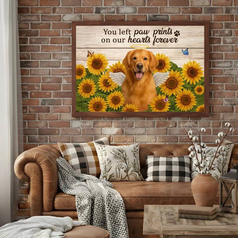 Dog memorial portrait canvas in rustic farmhouse style with sunflower wreath, custom pet photo, name and dates; condolence gift wall art