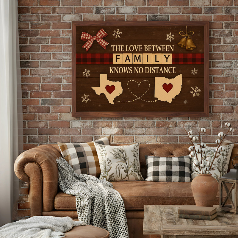Family Christmas wall art, rustic farmhouse wood look canvas with custom names and year, long-distance gift for parents