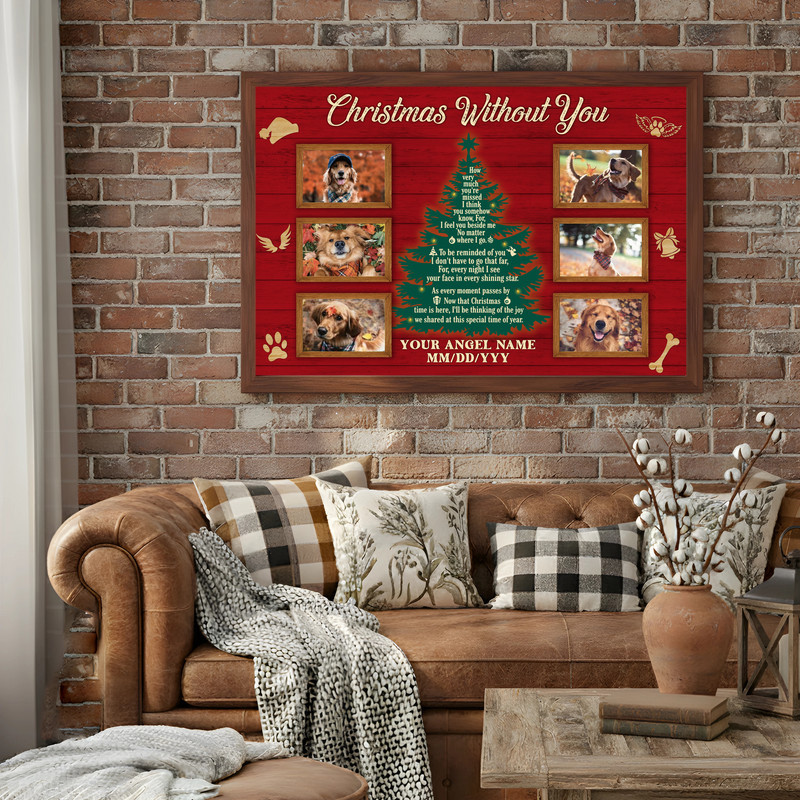 Farmhouse dog memorial canvas, Christmas Without You on white shiplap with pine, custom pet name and years in script type