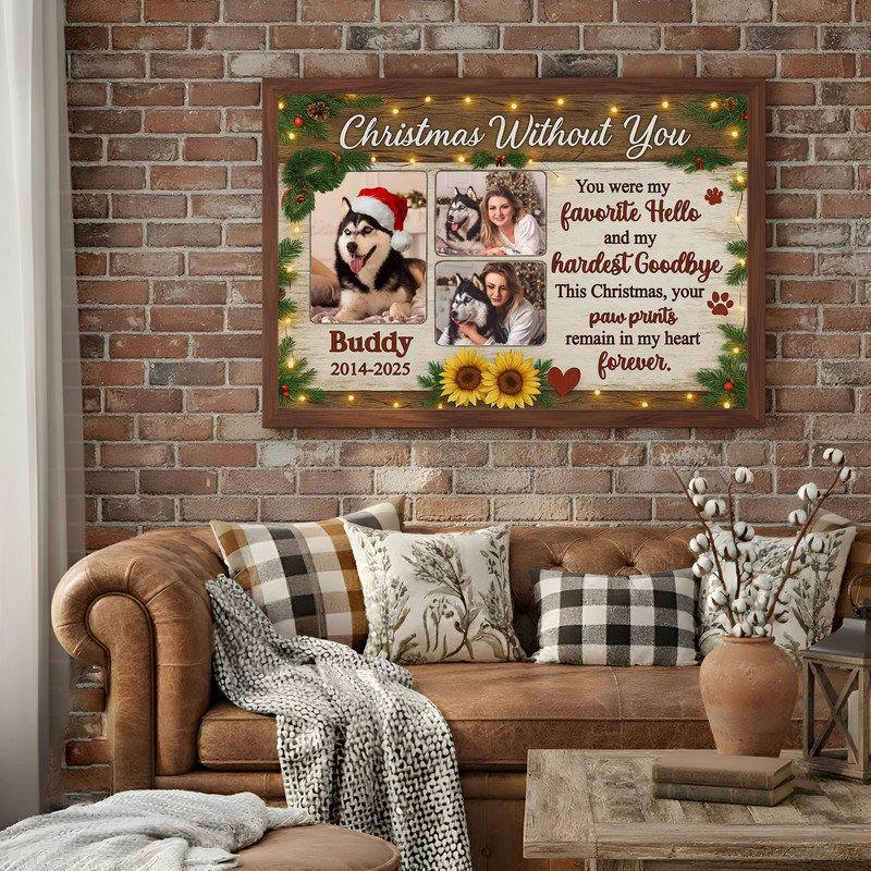 Farmhouse dog memorial canvas wall art photo collage, personalized with pet name and dates, Christmas sympathy gift