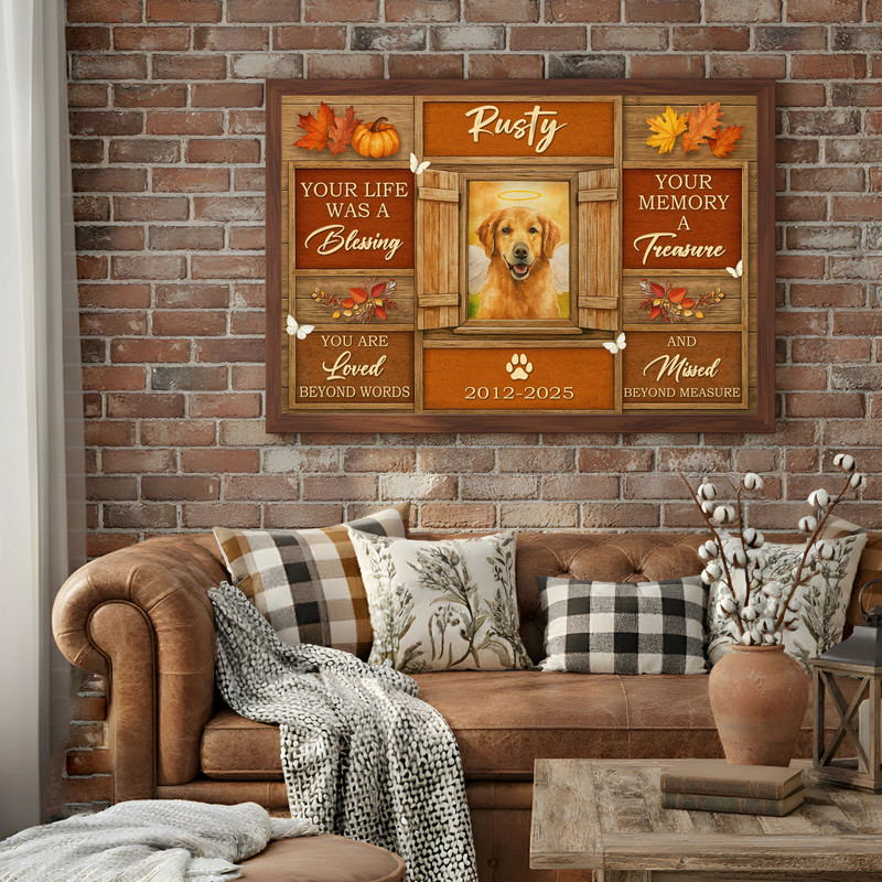 Farmhouse fall dog memorial canvas wall art with paw print and heart, script text, personalized name and dates, sympathy gift
