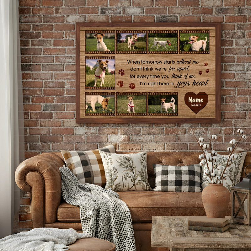 Farmhouse pet memorial canvas wall art featuring custom dog photo collage, vertical film strip frame and soft vintage portrait style