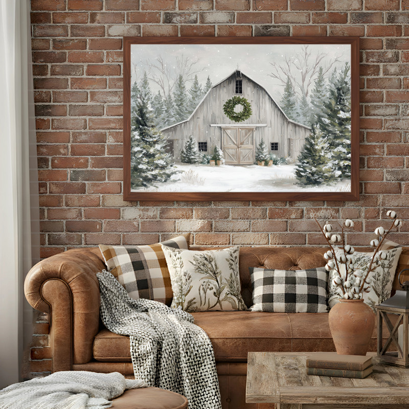 Farmhouse winter charm canvas wall art with country barn, falling snow and evergreens, warm seasonal accent for foyer