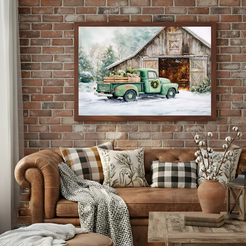Festive green truck by rustic barn Christmas tree framed canvas wall art, horizontal, cozy farmhouse style for entryway Festive green truck by rustic barn Christmas tree framed canvas wall art, horizontal, cozy farmhouse style for entryway
