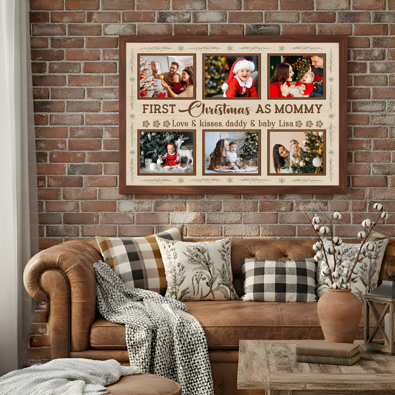 First Christmas as Mommy canvas art, custom photo collage, minimal neutral portrait layout, personalized for new mom gift