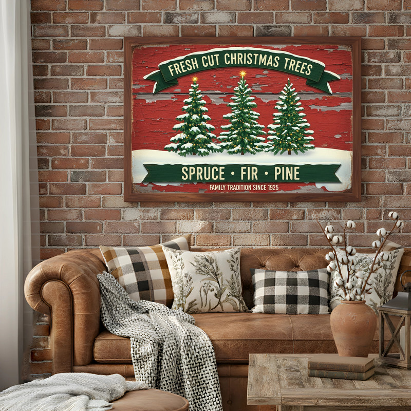 Fresh Cut Christmas Trees canvas wall art in rustic farmhouse style for hallway decor, distressed typography with evergreen motif