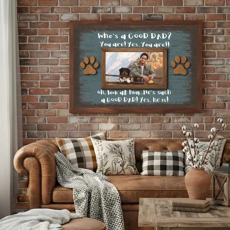 Funny Dog Dad photo frame canvas, custom pet picture and name, rustic farmhouse wall decor, birthday gift for best dog dad
