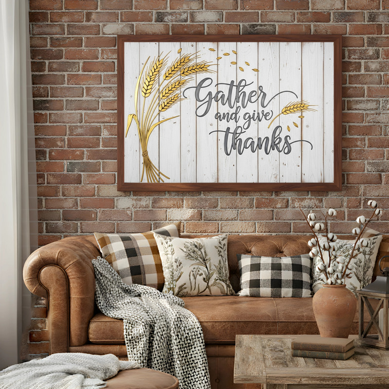 Autumn gratitude canvas wall art, rustic barnwood look with 'Gather and Give Thanks' script, for dining room decor