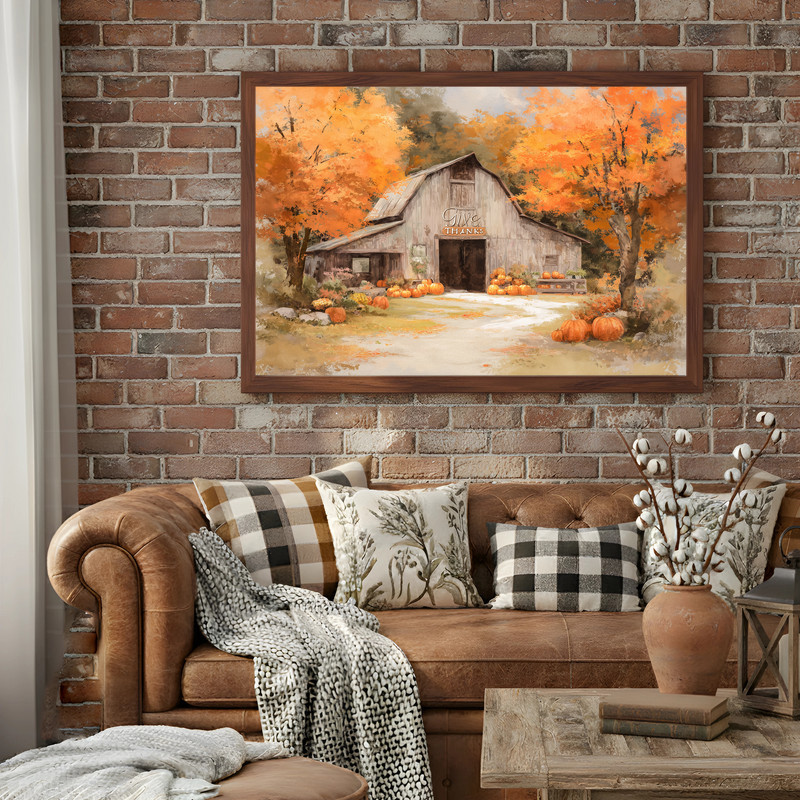 Give Thanks at the Farm canvas wall art, rustic barn with autumn leaves and pumpkins, warm earth tones for entryway