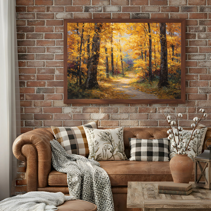 Golden autumn forest path canvas wall art, rustic fall landscape with tall trees, vertical orientation for hallway display