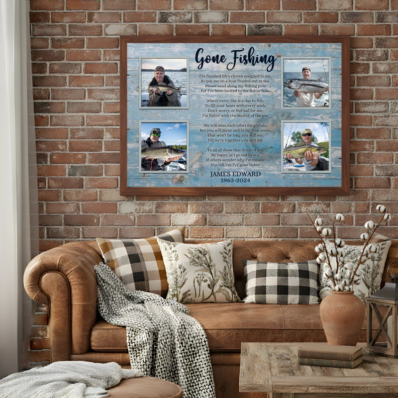 Fishing memorial collage canvas wall art featuring a photo collage layout, personalized photos, name and dates, landscape