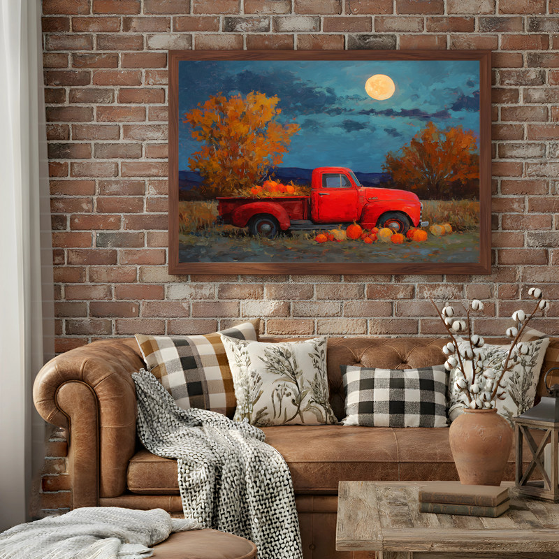 Harvest Moon red truck evening oil painting canvas wall art, autumn country scene for entryway wall with warm night sky glow