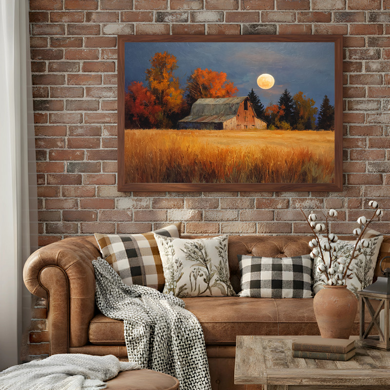 Harvest barn canvas art, Thanksgiving farmhouse wall decor in warm autumn tones, landscape canvas for welcoming entryway