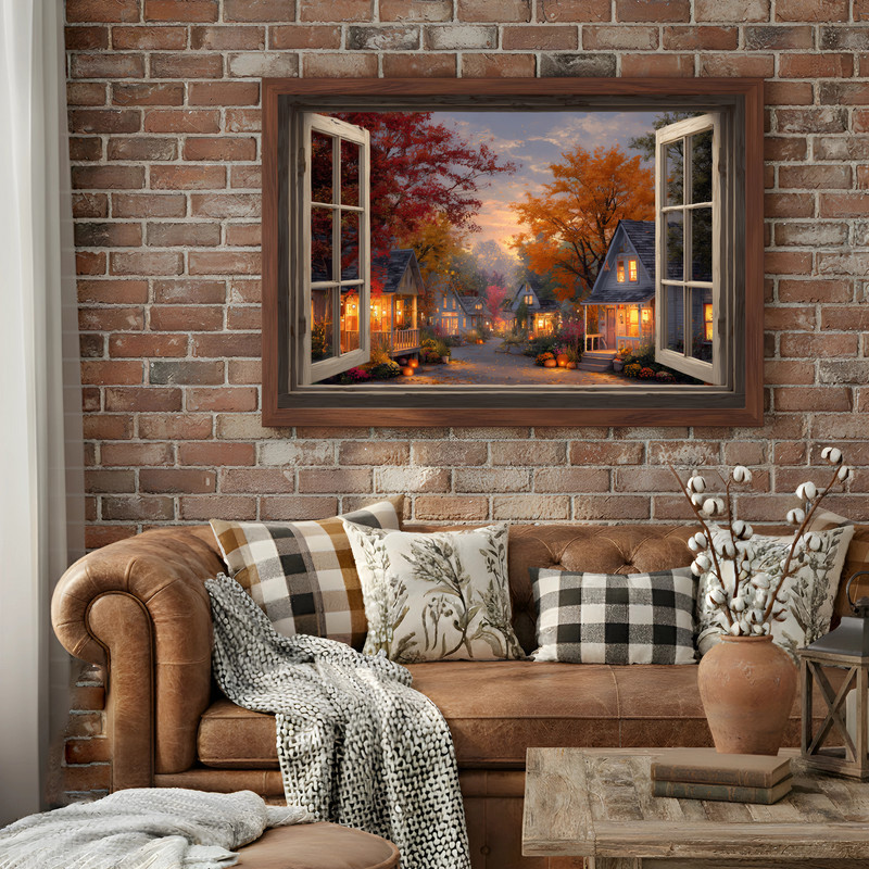 Harvest window view canvas wall art featuring Thanksgiving village, cottages and trees in rustic style for hallway decor