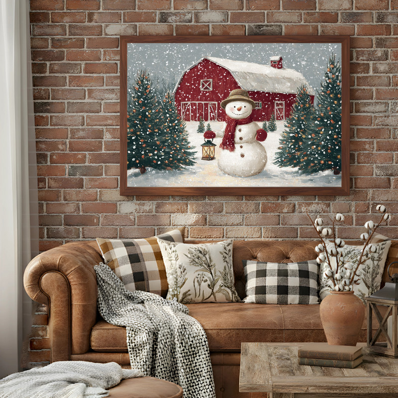 Jolly snowman by lantern canvas wall art, Christmas tree farm scene, winter decor for hallway walls, canvas print.