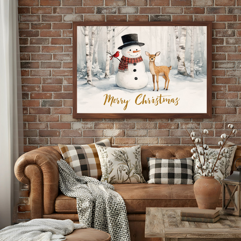Joyful snowman and reindeer canvas wall art adds a merry winter touch to hallway decor, welcoming guests with seasonal charm