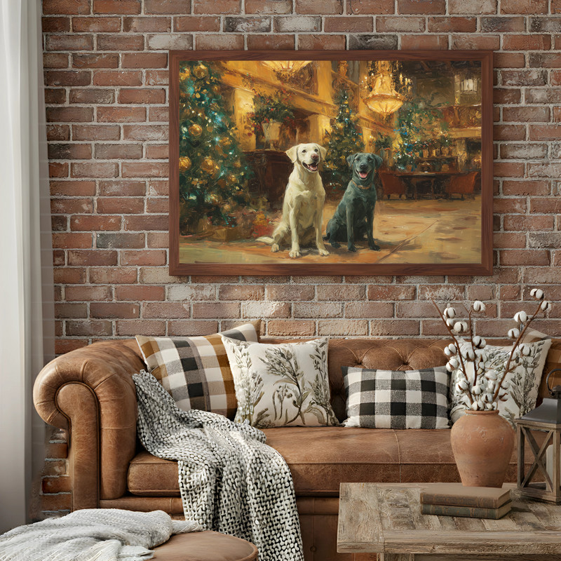 Labradors’ Christmas Delight canvas wall art in a grand holiday hall, warm lights and ornaments for classic hallway decor