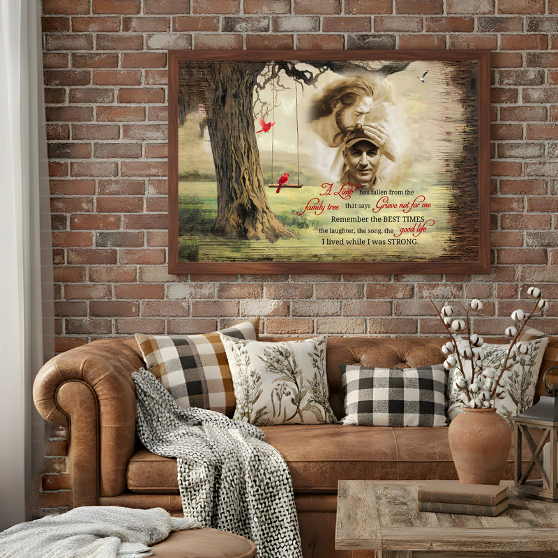 Loss of loved one canvas wall art with A Limb Has Fallen verse and cardinals, sympathy gift personalized with family name