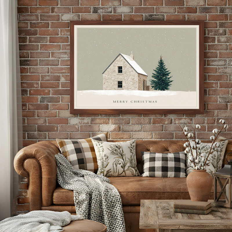 Merry Christmas canvas wall art featuring winter cottage, pine tree, and falling snow, vertical orientation for hall