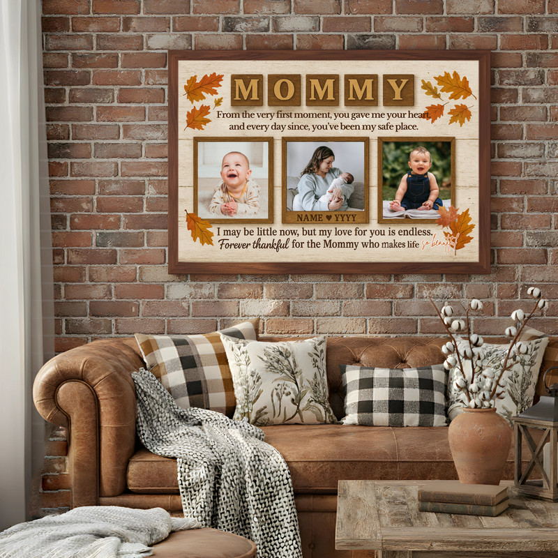 Thanksgiving photo collage canvas for mom, custom photos, name and date, rustic neutral background, landscape wall art gift