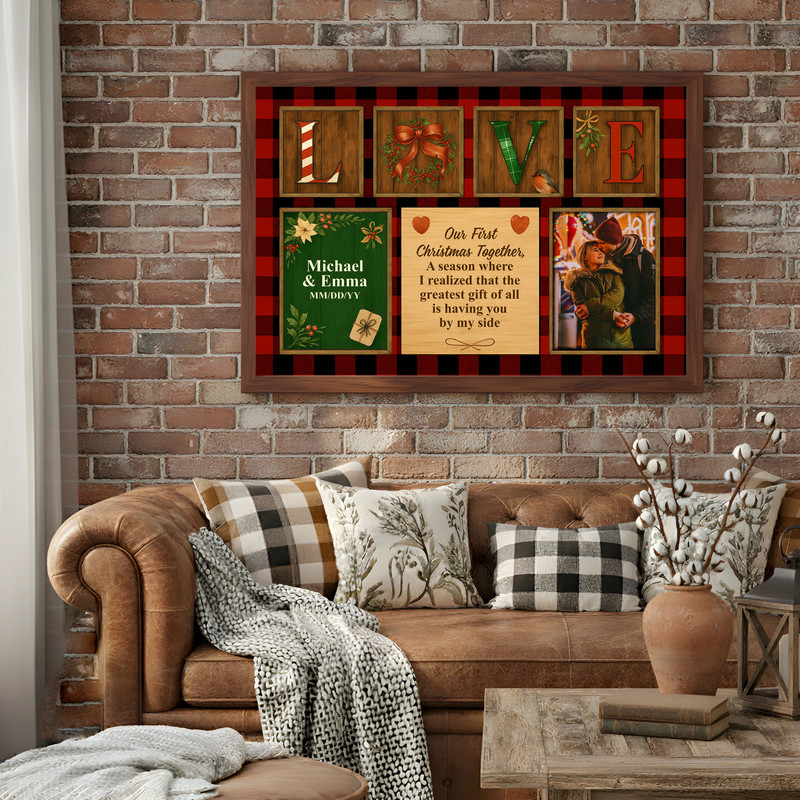 Personalized Plaid Canvas - Newlywed First Christmas Keepsake
