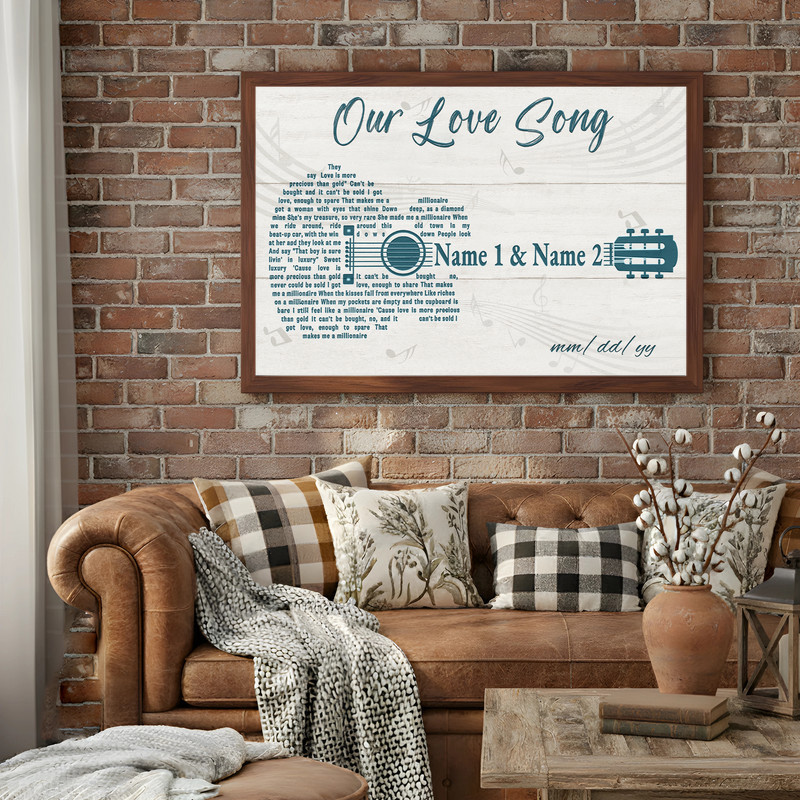 Love song guitar canvas wall art with heart accents, custom names and date, a bedroom decor for music-loving couples