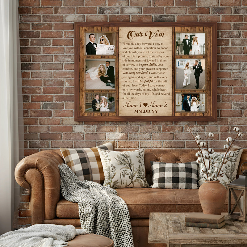 our vow photo collage canvas wall art featuring personalized vows, couple names, wedding date, 4 photos, portrait orientation our vow photo collage canvas wall art featuring personalized vows, couple names, wedding date, 4 photos, portrait orientation