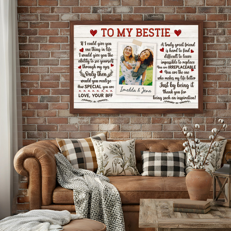 Best friend canvas wall art in farmhouse rustic style, personalized with photo and quote, neutral tones, portrait layout Best friend canvas wall art in farmhouse rustic style, personalized with photo and quote, neutral tones, portrait layout