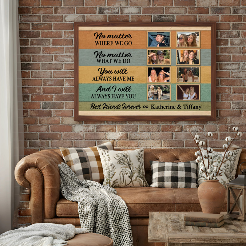 Best friends forever canvas wall art, portrait rustic design with distressed wood texture, personalized names and heart icon Best friends forever canvas wall art, portrait rustic design with distressed wood texture, personalized names and heart icon