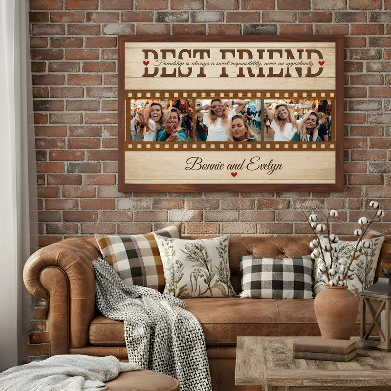 Personalized best friends photo collage canvas, rustic farmhouse style, square photo grid, custom names, Friendship Day gift
