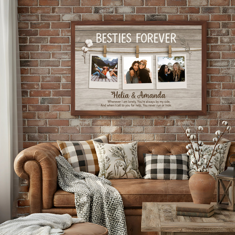 Bestie canvas wall art with distressed white shiplap Polaroid collage, custom photos, names and date, vertical layout