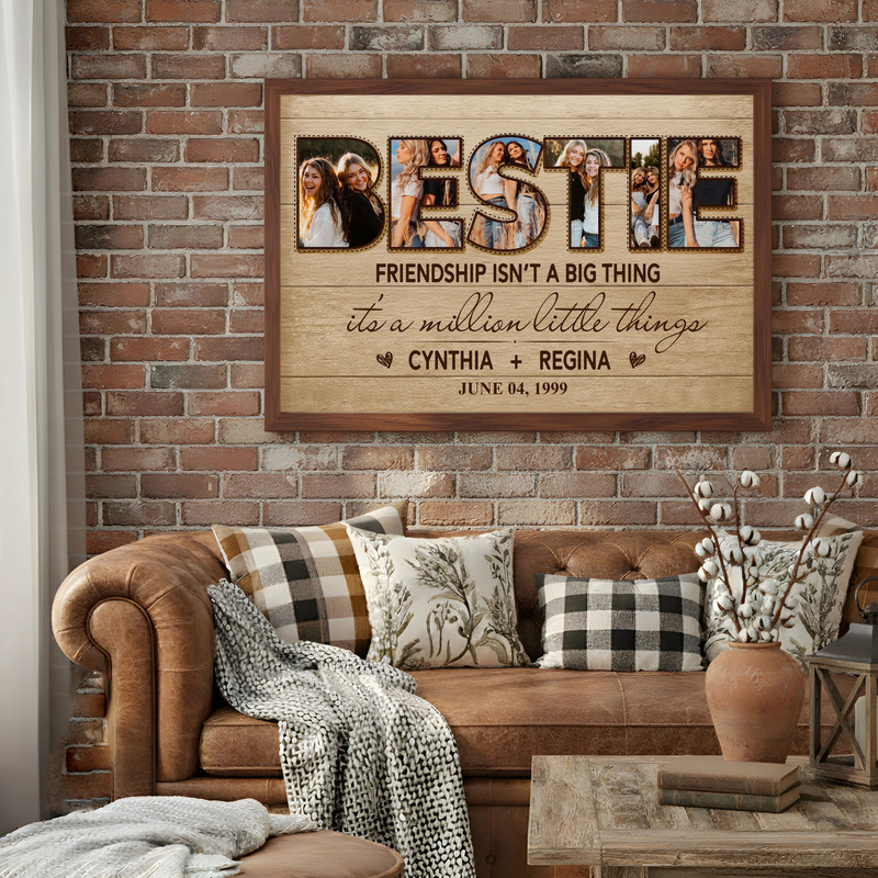Personalized best friend photo collage canvas wall art, rustic farmhouse shiplap look, landscape orientation for living room