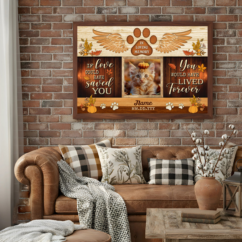 Fall farmhouse cat memorial canvas wall art featuring personalized pet photo, name, and dates; cozy Thanksgiving tribute