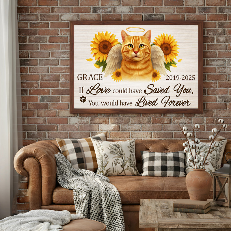 Cat memorial portrait canvas wall art with sunflower wreath, custom name and dates, thoughtful condolence gift for pet owners