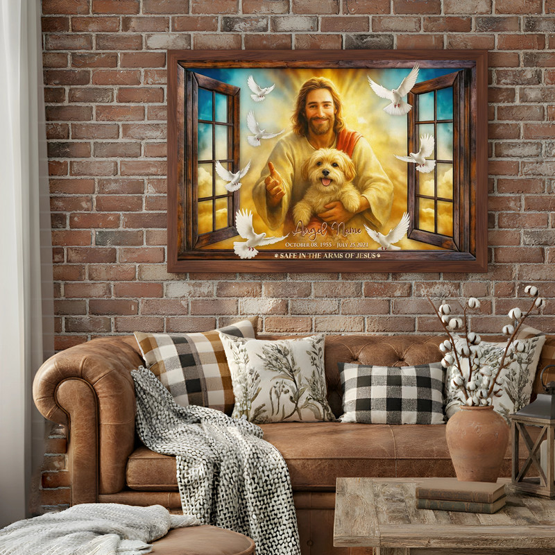 Dog memorial canvas wall art with custom dog photo, whitewashed window panes, and 'Safe in the Arms of Jesus' tribute