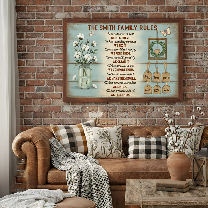 Rustic farmhouse family rules canvas wall art with personalized family name, landscape, distressed wood tones for living room