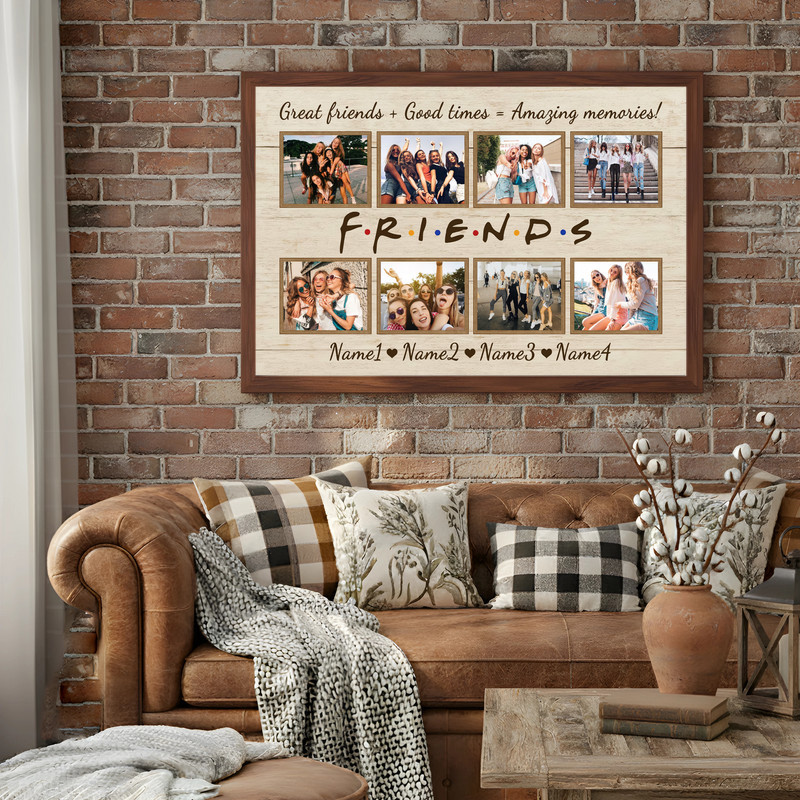 Friendship canvas wall art, custom photo collage for best friend, rustic farmhouse style, distressed wood look background