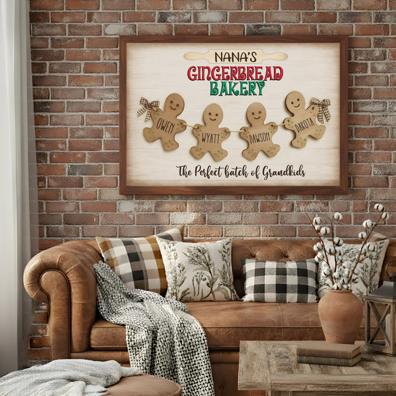 Gingerbread bakery Christmas canvas, landscape wall art with custom grandkids names, whimsical pastel holiday kitchen decor