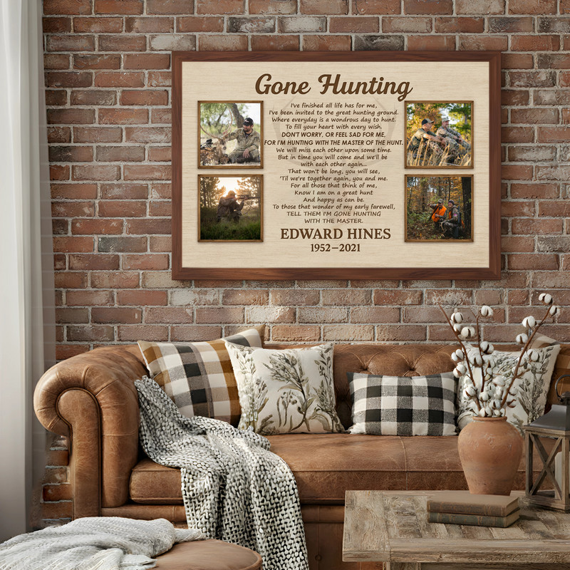 Gone Hunting memorial canvas wall art, rustic farmhouse style, sympathy gift for hunter’s family, personalized names, dates