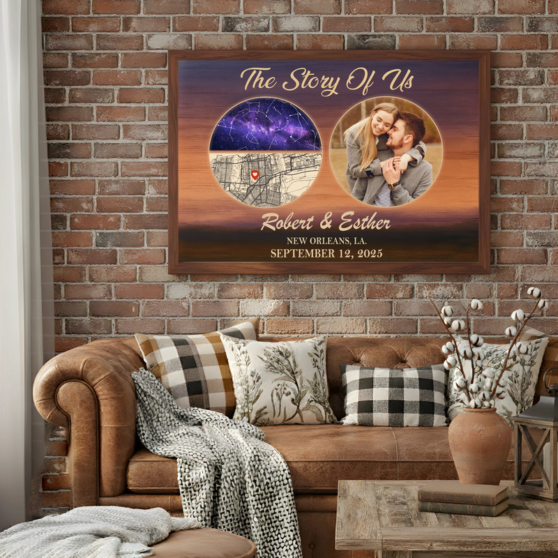 The Story Of Us canvas print with names, date and coordinates, night sky star map and couple photo, cozy bedroom wall decor