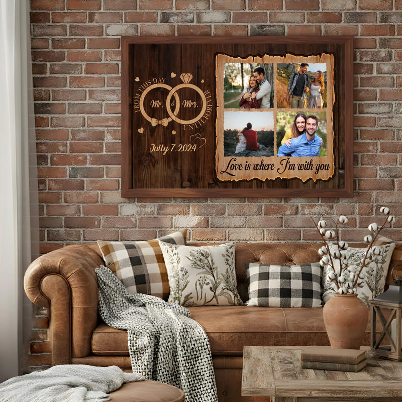 Personalized engagement anniversary canvas wall art, landscape orientation, custom photo, names, and date for couples