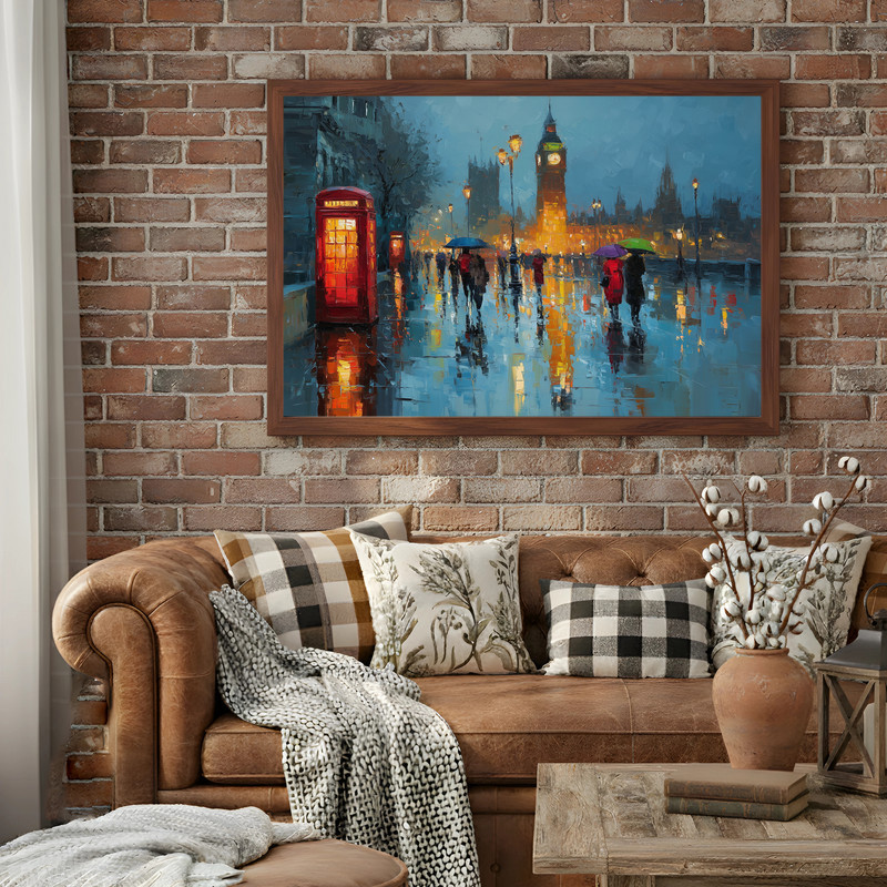 Rainy London stroll canvas wall art, impressionist oil painting of street umbrellas and glowing lamps, landscape for hallway
