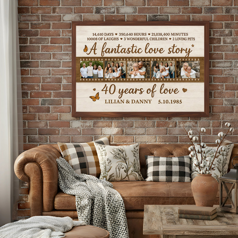 Ruby 40th anniversary photo collage canvas, portrait layout in rustic farmhouse style, heart-shaped, personalized names and date Ruby 40th anniversary photo collage canvas, portrait layout in rustic farmhouse style, heart-shaped, personalized names and date
