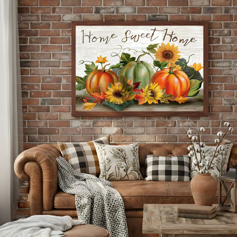 Rustic autumn pumpkins and sunflowers canvas art, 'Home Sweet Home' farmhouse text on distressed wood, entryway decor