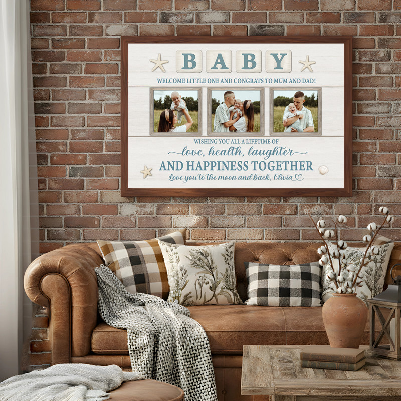 Rustic coastal farmhouse baby welcome canvas wall art in neutral tones, custom newborn milestone collage for nursery
