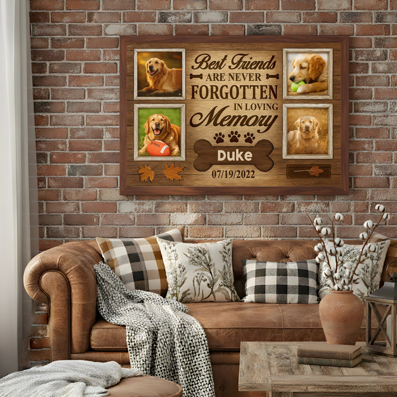 Rustic autumn dog memorial photo collage canvas, warm earth tones, leaves, and quote 'Best Friends Are Never Forgotten'